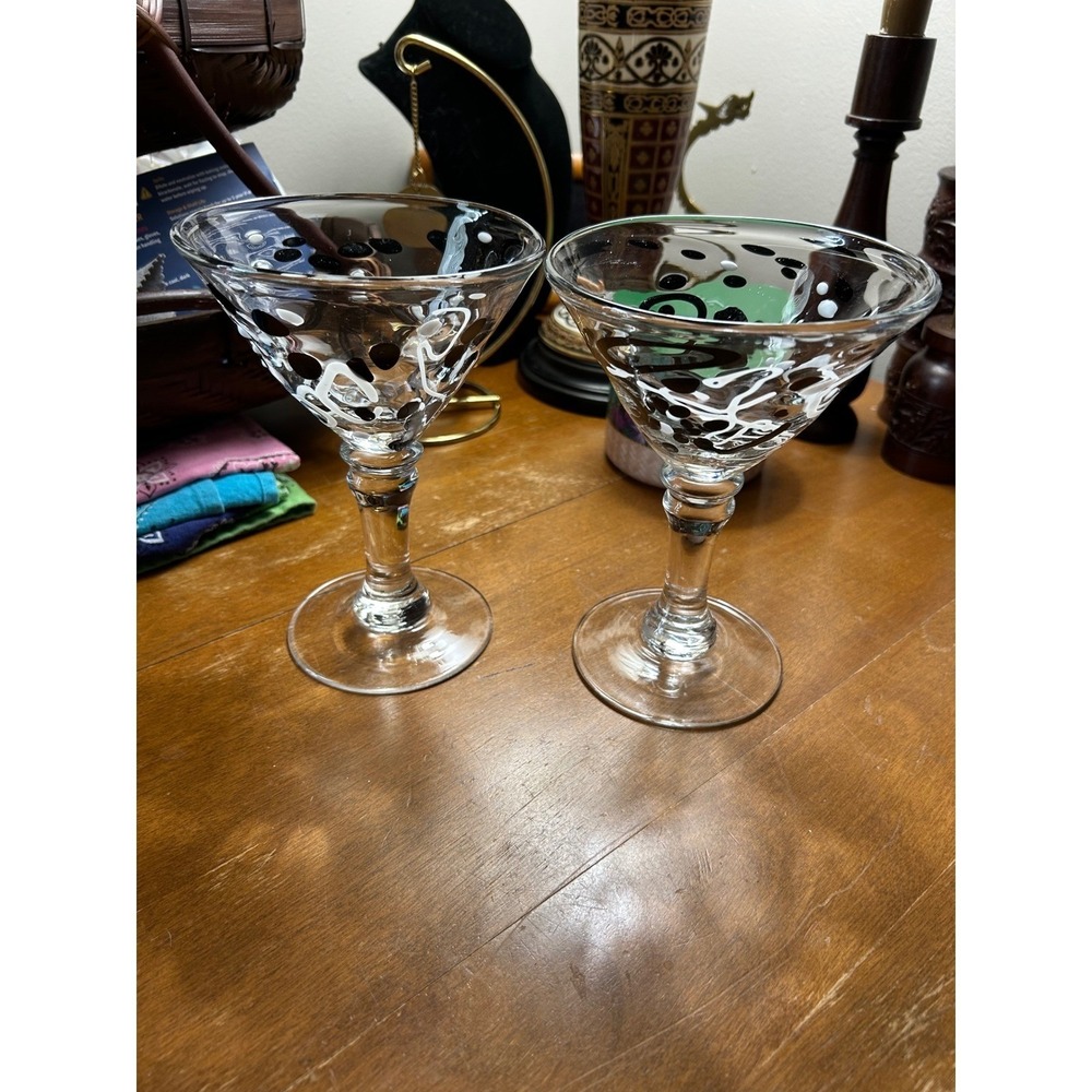 Set of 2 Amici (?) hand blown martini Glasses Black White Polka 7 Inch